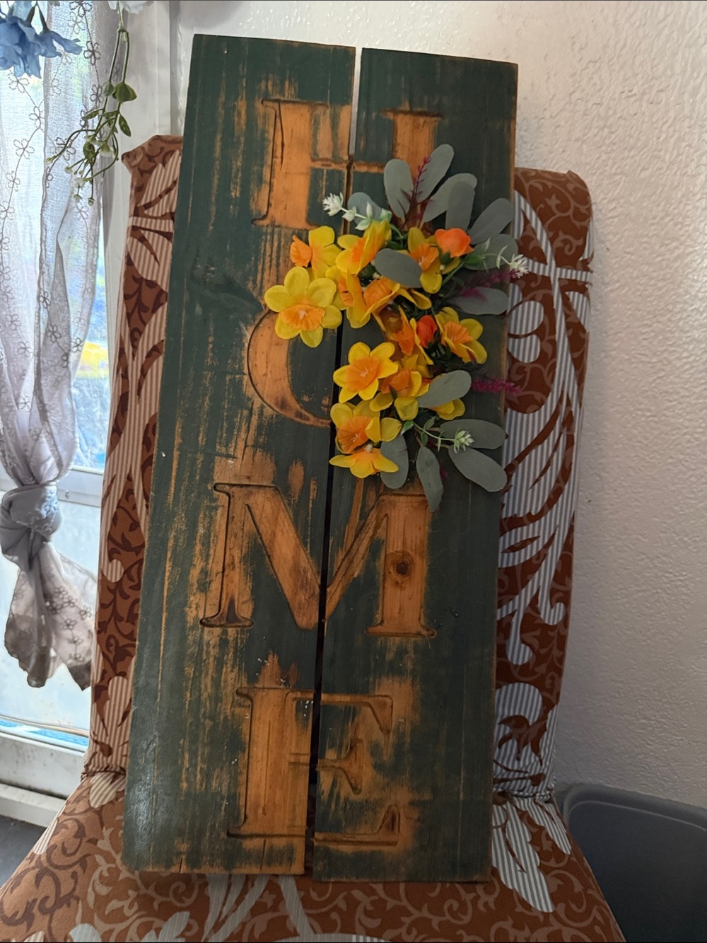 Rustic HOME Wooden Wall Sign with Yellow Floral Accent